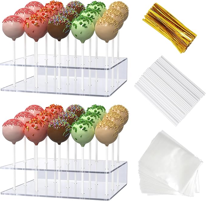 2 Pack Cake Pop Stand with Sticks Kit, Acrylic Lollipop Hold Stand, Clear Cake Pop Display Holder, 15 Holes Candy Pop Hold...