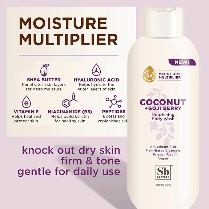Soapbox Body Wash, Coconut & Goji Berry Liquid Body Wash, Moisturizing Soap with Shea Butter, Vegan Duo Pack of 2 Soap Bottles, 20oz Each