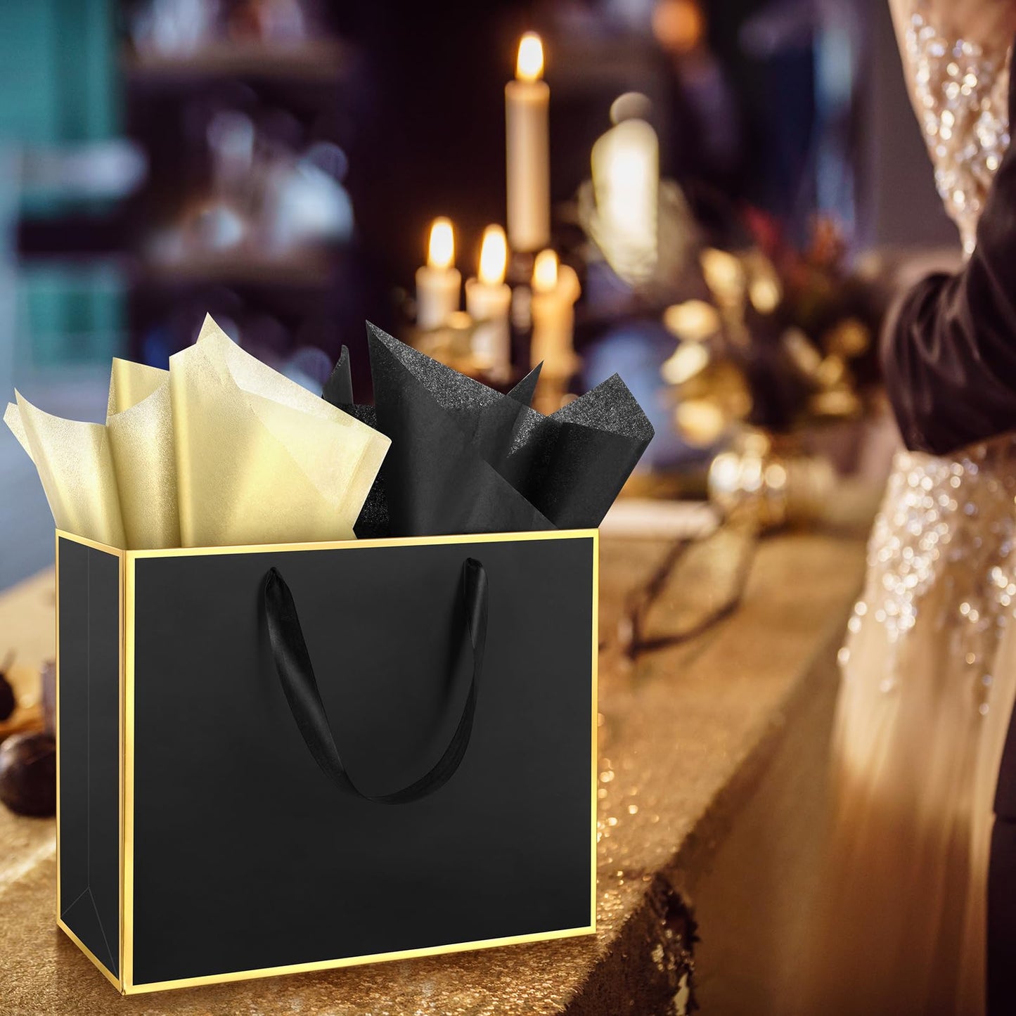 ReliThick 12 Pack 12 Pack Metallic Paper Gift Bag with Handles and Tissue Paper 11.8 x 10 x 4'' Thank You Favor Bag for Wedding Bridesmaid Groomsmen 5 Senses Birthday Gifts (Black,Gold)