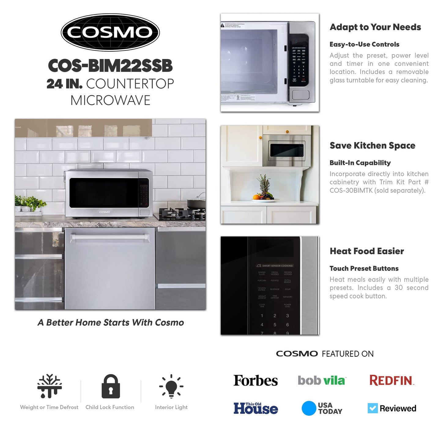 Cosmo COS-BIM22SSB 24 in. Nebula Collection 2.2 cu. ft. Countertop Microwave Oven in Stainless Steel