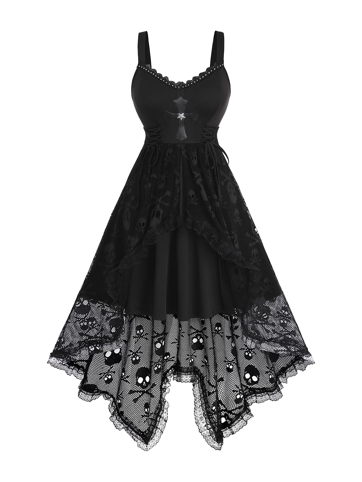 Rosegal Women Plus Size Gothic Lace-up PU Cross Skulls Lace Panel Asymmetrical High Low Midi Dress Rivets Straps Punk Dress(Black_1/L)
