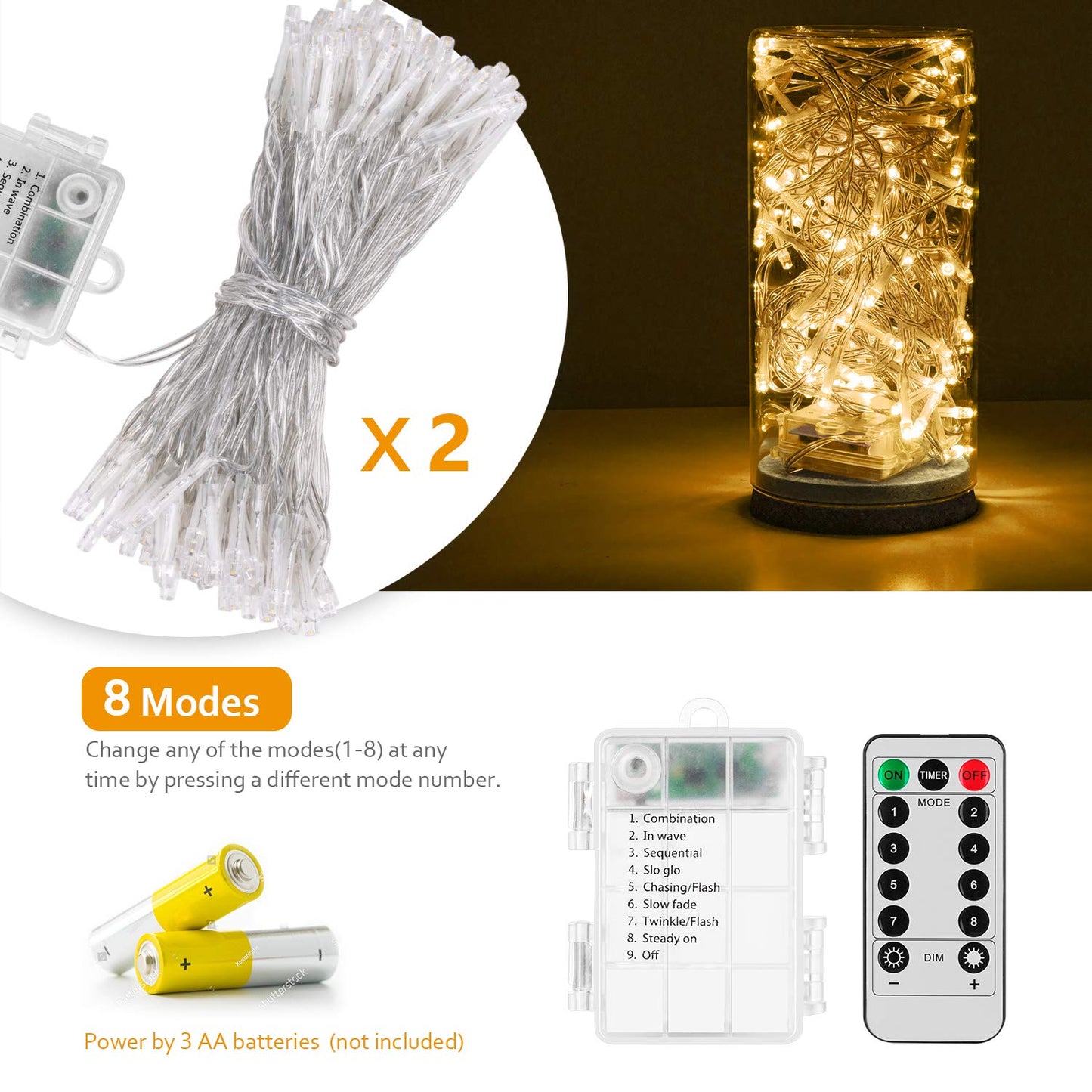 Koxly 2 Pack Battery Operated String Lights with Remote Timer Waterproof 8 Modes 16.4ft 50 LED String Lights for Bedroom,Garden,Party,Xmas Tree Indoor Outdoor Decorations, Warm White