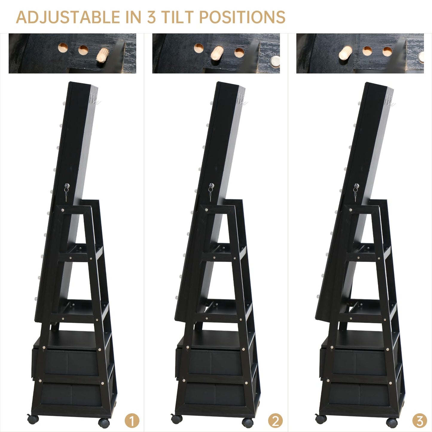 MASMIRE Jewelry Armoire Cabinet Organizer Standing with 20 LED Lights Lockable Full Length Mirror with Storage Shelves and 2 Drawers (Black) Adjustable Tilt Angles Gift for Her