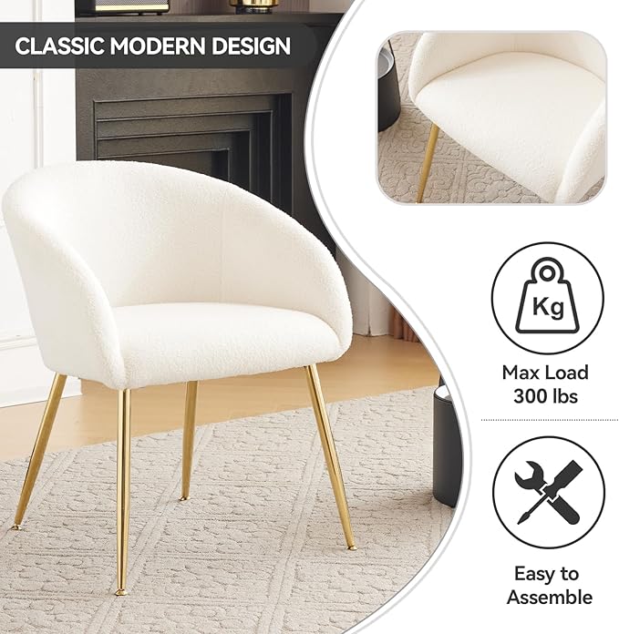 YDcosyfy Modern Small Accent Chair Set of 4, Comfy Sherpa Makeup Vanity Chair with Golden Metal Legs, Decorative Dining Chair no Wheels for Living Room, Dressing Room, Bedroom, White
