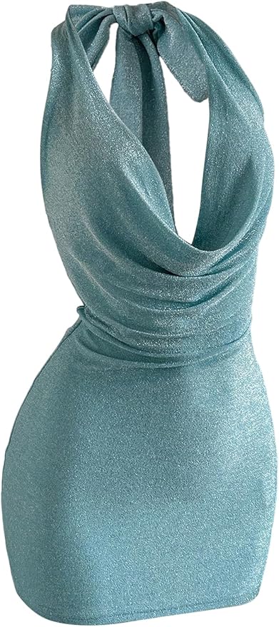 SOLY HUX Women's Shiny Deep V Neck Halter Bodycon Mini Dress Sleeveless Cocktail Prom Pencil Dresses