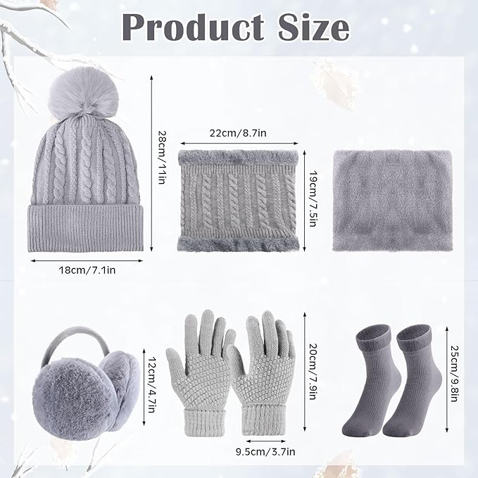 SATINIOR 5 Pcs Winter Hat Scarf Gloves Set Fleece Lined Knit Beanie Hat Warm Touch Screen Gloves Earmuff Warmer for Women(Grey,Beauty Style)