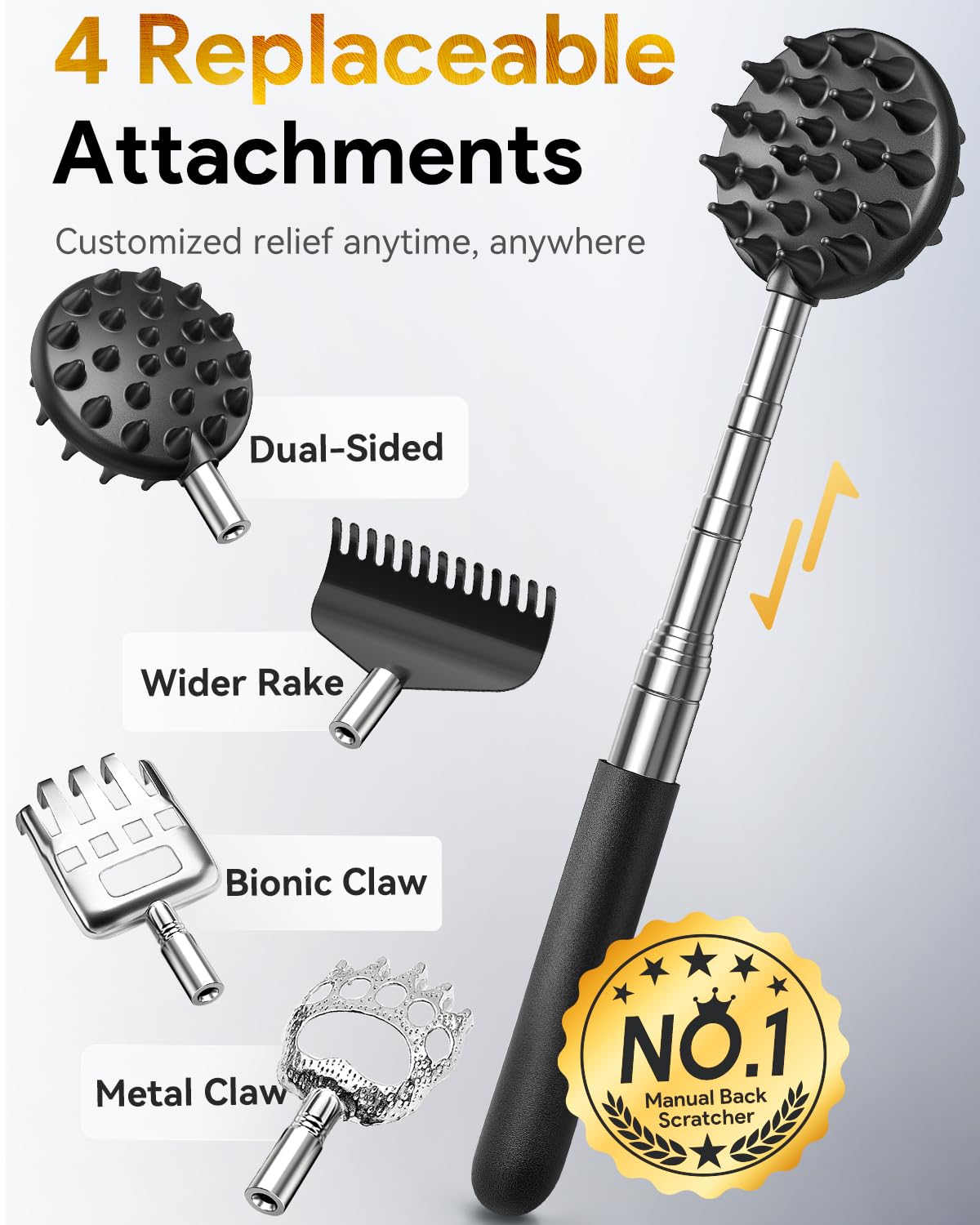 TUKUOS Telescoping Back Scratcher with 4Pcs Detachable Scratching Heads, Stocking Stuffers for Men Back Scratcher for Men/Dad/Women, White Elephant Gifts for Adults Christmas Gifts for Men Women