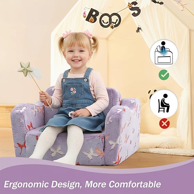 MeMoreCool Toddler Chair Comfy 1-3 Years Old, Kids Couch for Playroom, Convertible Glowing Butterfly Flip Out Sofa, Kids Furniture Floor Recliner Chair Bed