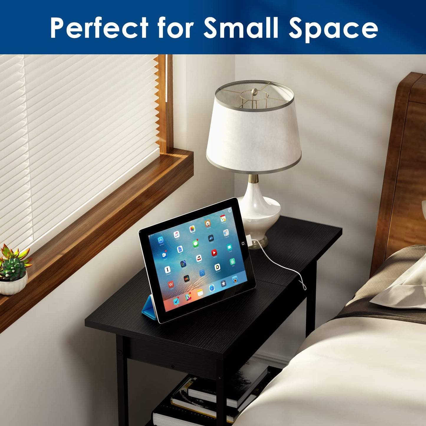 SAUCE ZHAN Sofa Side Table with USB Ports and Outlets, Narrow End Table with Storage Shelf for Small Spaces Bedside Nightstand with Charging Station for Living Room, Bedroom, Black