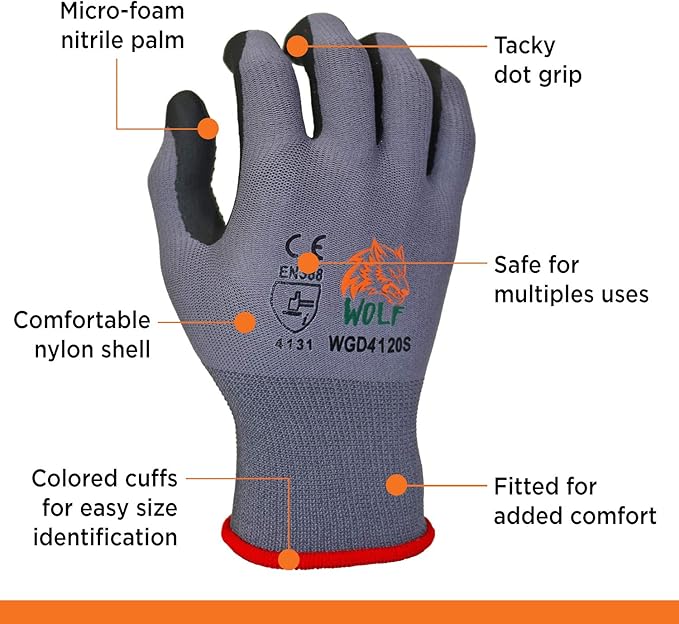 WOLF Ultra-Thin Nitrile Foam Palm Coated Glove with Tacky Dot Grip, Multi Purpose