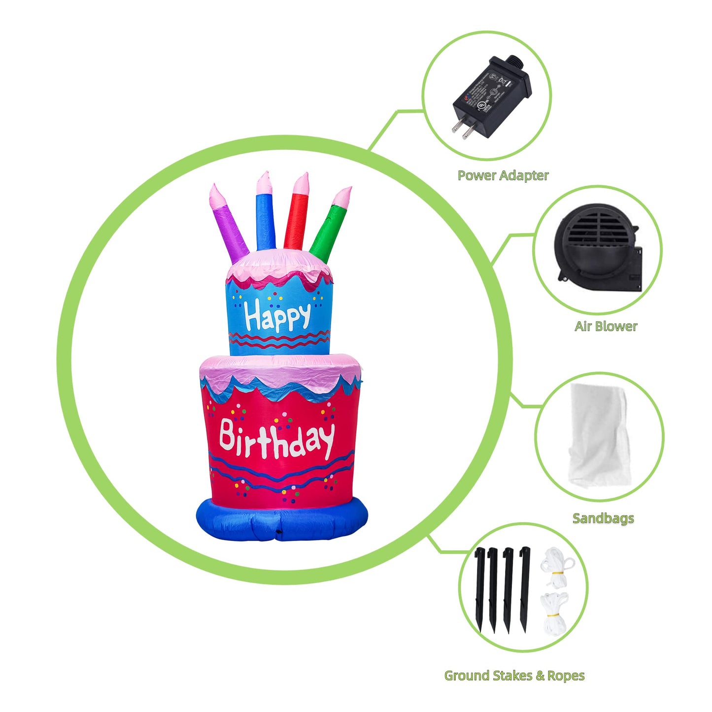 6FT Inflatable Birthday Cake Decoration,Birthday Blow up Cake Outdoor Decor with LED Lights，Light-up Happy Birthday Sign for Yard Lawn, Inflatable Outdoor Holiday Yard Decoration(Blue & Pink)