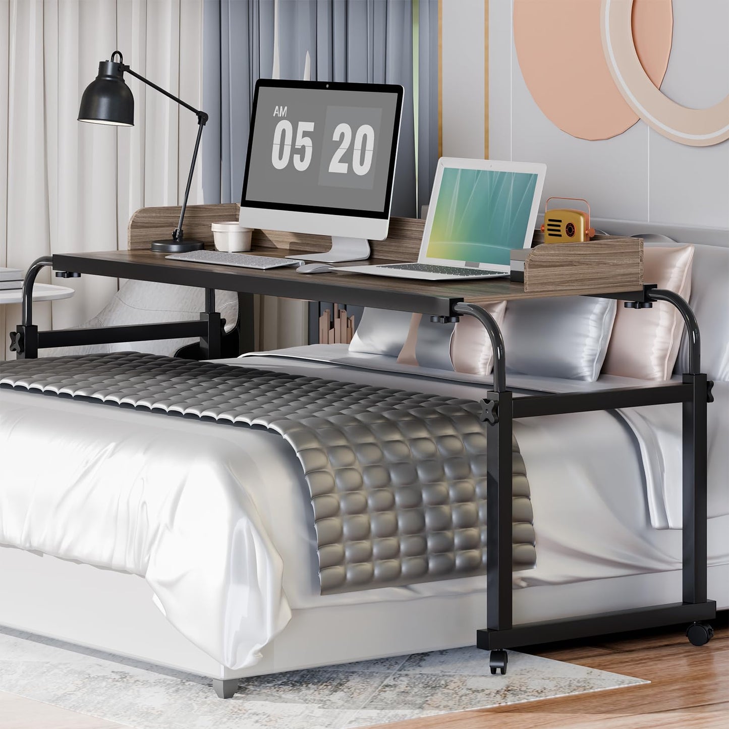 iondelce Overbed Table with Wheels, Length Height Adjustable Bed Desk Recliner Table, Over Bed Table with Baffle and Cup Holder for Home and Hospital, Heavy Duty Metal Frame