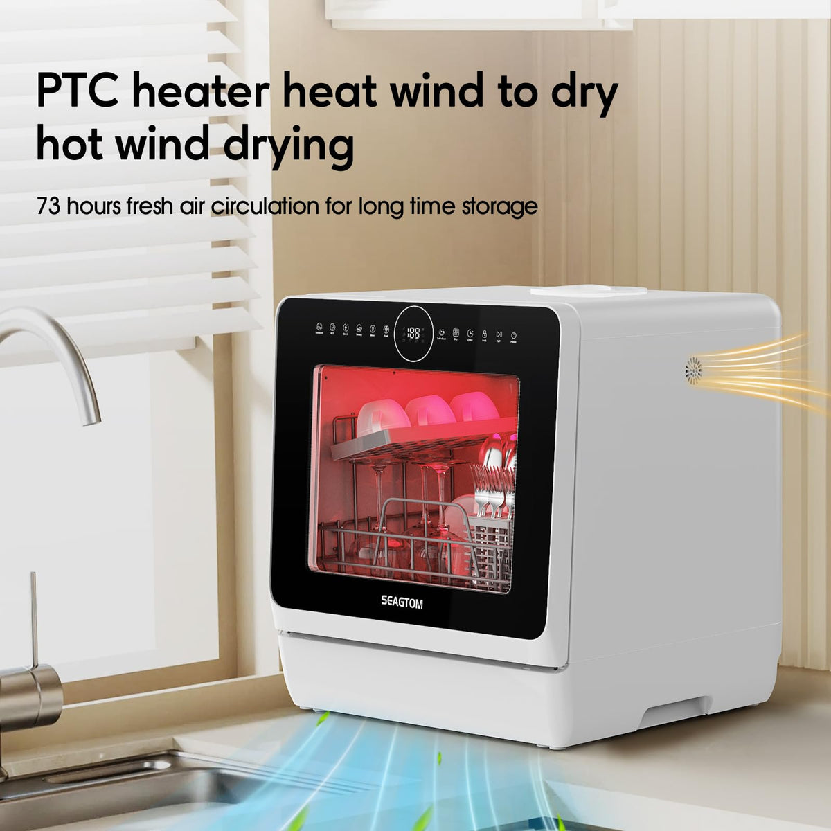 SEAGTOM Countertop Mini Portable Dishwasher Tabletop Small Dishwasher with 5L Built-in Water Tank No HookupNeeded, Baby Care & Air-Drying Function，3 Place Set Capacity for Apartments Dorms Camping RVs