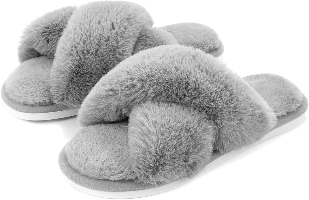 Metog Women's Fuzzy Cross Band Indoor/Outdoor Soft Open Toe Slippers