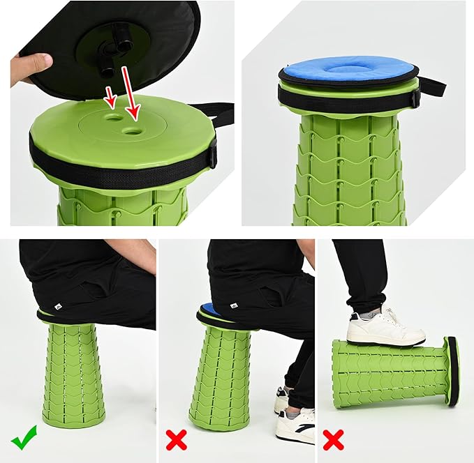 FXKS 2 Pack Upgraded Collapsible Stool with Cushion, Thickened Retractable Folding Stool Max Load Capacity 400lbs, Portable Telescoping Stools for Camping Fishing Outdoor Hiking BBQ -Green