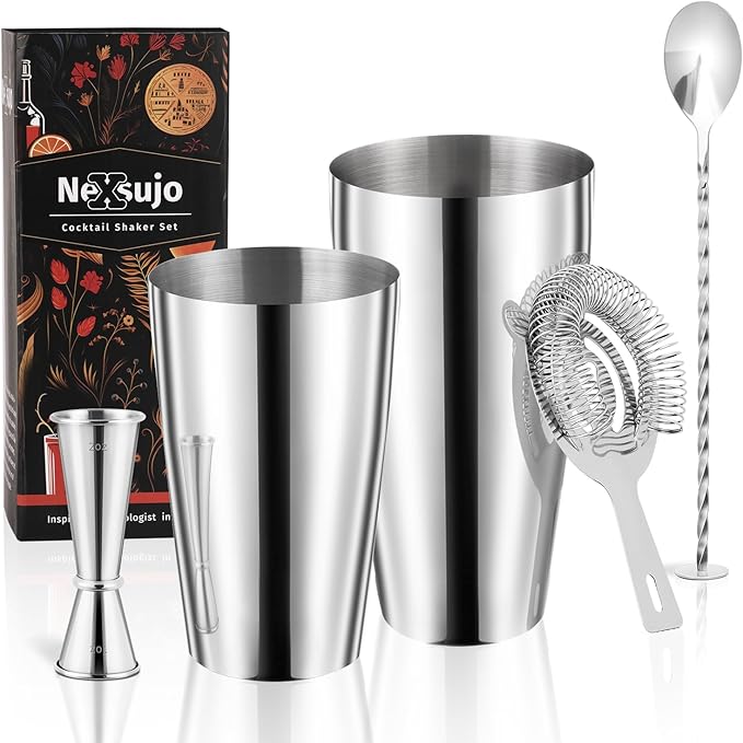 Nexsujo Boston Cocktail Shaker Set, 4-Piece Bar Tools Set, Professional Bar Set with Boston Shaker, Bar Spoon, Jigger, Haw...