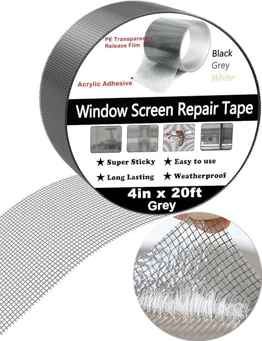 WOHOHOHO Window Screen Repair Tape, 4 in X 20 FT (240IN) Grey Screen Patch Repair Kit, 3-Layer Strong Adhesive Invisible Screen Tape Mesh Repair for Windows, Doors Garage Mosquito Net Magnetic Screen