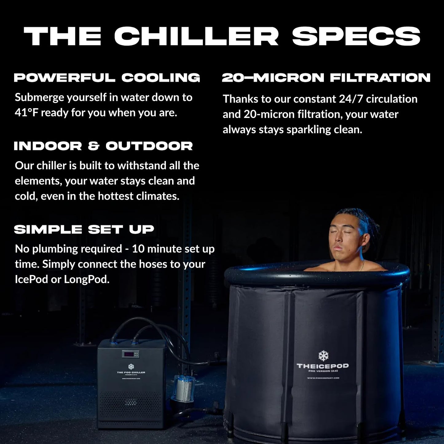 The Pod Company Ice Pod Pro Cold Plunge Tub + 1/3 HP Water Chiller Bundle, 110 Gal Insulated Ice Bath, 41°F Cooling System, Ice-Free Cold Therapy, Full Setup Kit