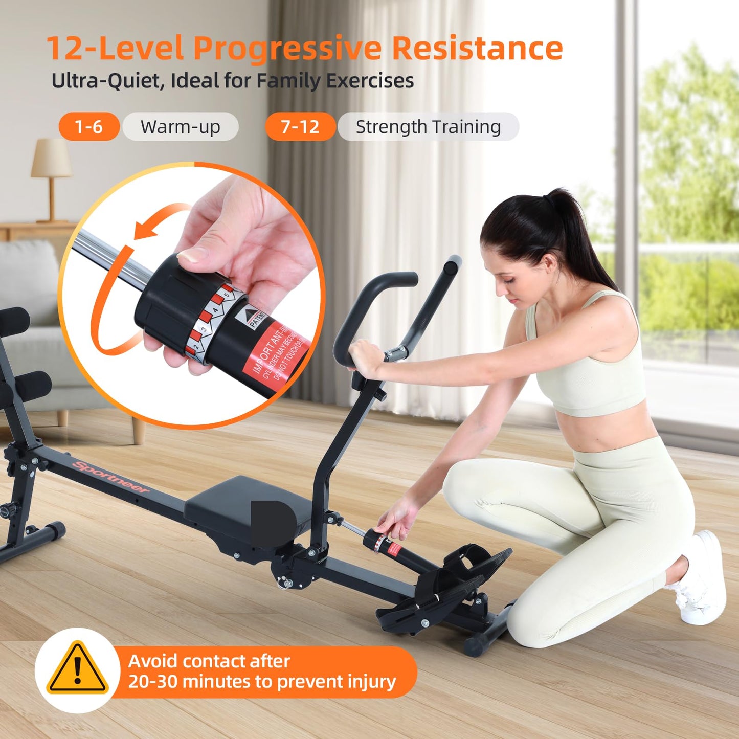Sportneer Foldable Rowing Machine for Home, Hydraulic Rowing Machine with 12-Level Resistance - Multi Functional Row Machine Equipped with Caster & Backrest, Max 297lbs Weight Load