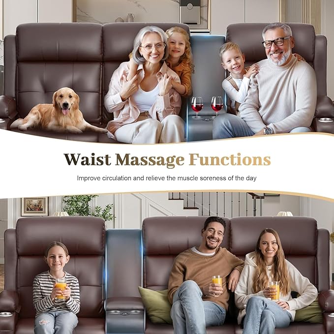 Aotolo Recliner Sofa, Massage Reclining Sofa 3 Seater Sets Heavy Weight Capacity, RV Loveseat Couch Clearance with Console, USB, Type C Port, Storage, Cup Holders, Wall Hugger Chair for Living Room