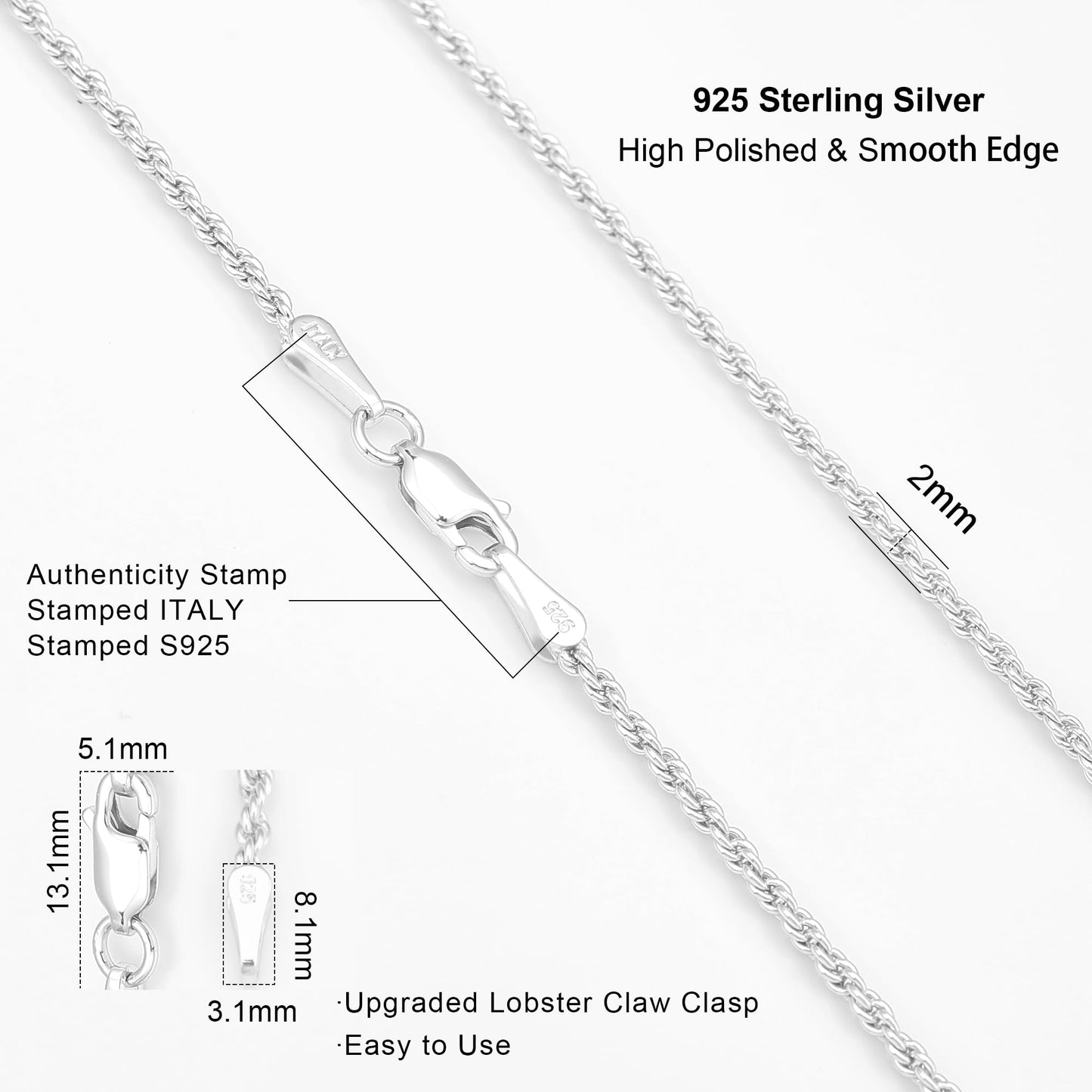 Waitsoul 925 Sterling Silver Rope Chain Lobster Clasp 2mm Silver Chain for Men Women Silver Necklace Chain 24 Inch