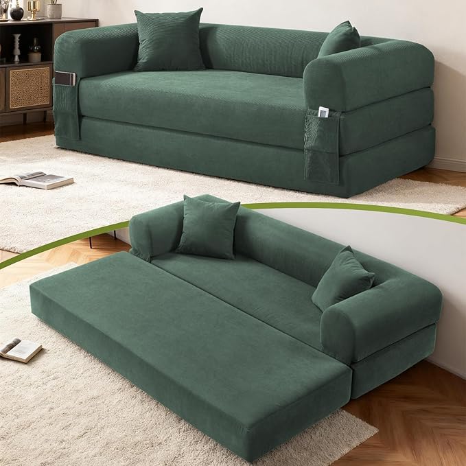 GJQ 80" Convertible Sofa Bed,Corduroy Folding Sleeper Sofa Bed Queen with Pillows & Storage,Modular Pull Out Couches Boneless Couch for Living Room,Compressed Couch in a Box,Light Green