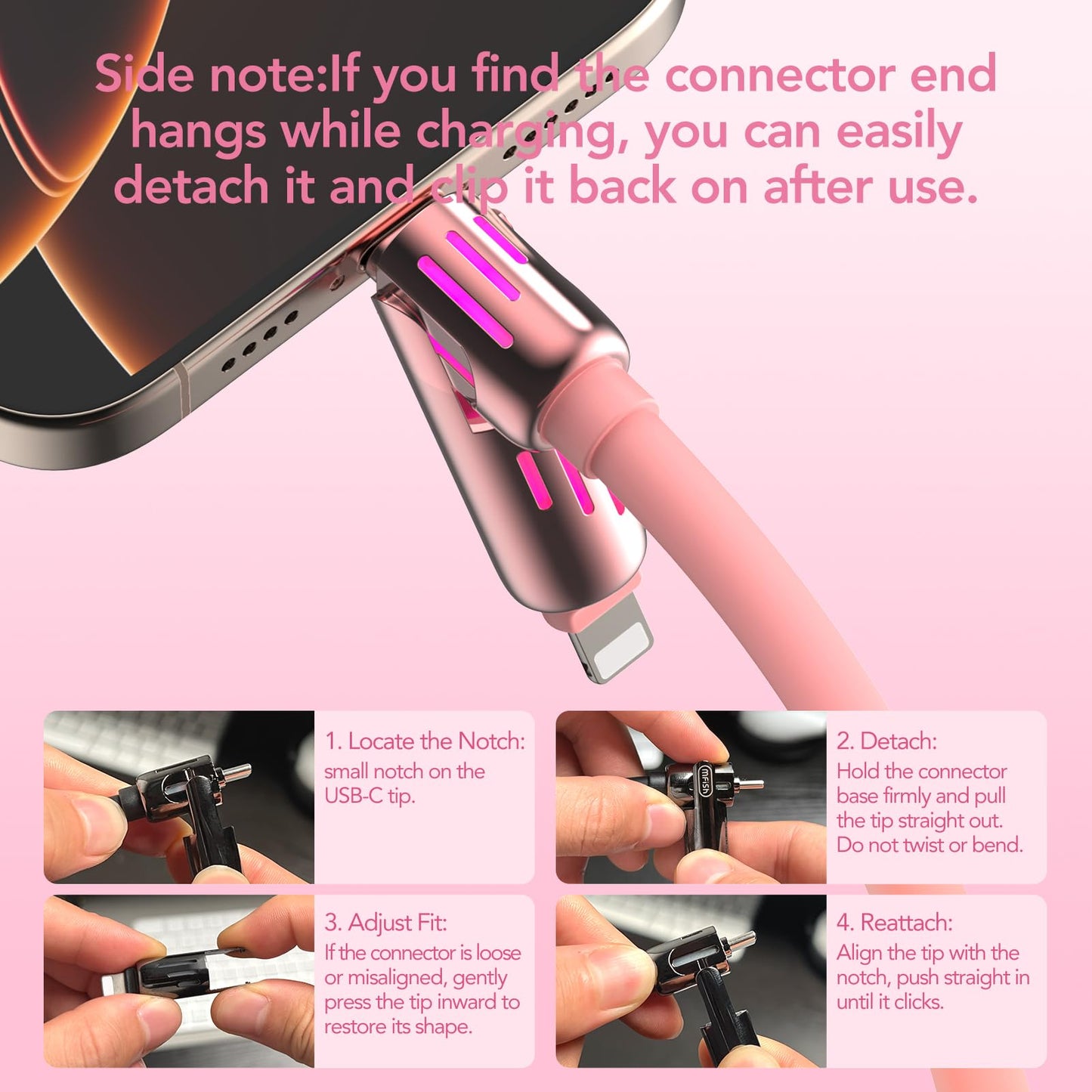 MFish 4-in-1 Universal Multi USB Charging Cable – 240W Max Fast Charger Cord with Multiple Connectors for iPhone 16/15/14/13, iPad, Samsung, MacBook, Tablets & More (Pink, 6.6Ft)