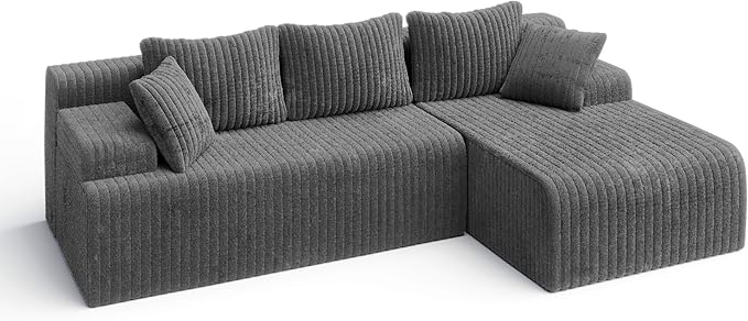 LAUSAINT HOME 96" Modular Sectional Sofa Couches, L-Shaped Boneless Cloud Sofa with 3 Deep Seat, 5 Cushiones Oversized Chaise for Living Room, Bedroom, Plush Corduroy Fabric (Right, Grey)