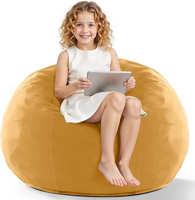 HABUTWAY 2FT Bean Bag Chair, 2' Beanbags Small Bean Bag Chairs with Filling, Teardrop Bean Bag Chair Luxurious Velvet Ultra Soft Fur with Removable Cover(Mustard)