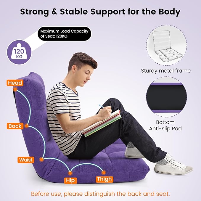 MAT EXPERT 14-Position Floor Chair, Floor Gaming Chair w/Soft Coral Fleece, Alloy Steel Frame, Padded Lazy Couch Recliner, Floor Chair with Back Support for Reading, Meditating, Playing Game (Violet)