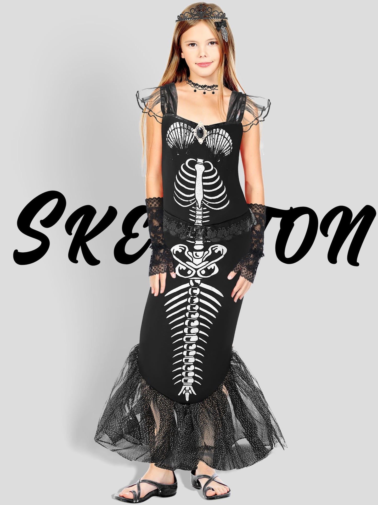 Liitrsh 6 Pcs Girls Halloween Skeleton Costume for Kids Fishtail Mermaid Dress with Accessories for Toddler Cosplay(8,Black)