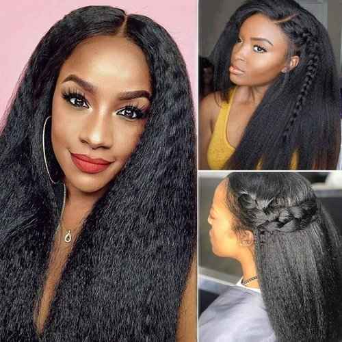BLISSHAIR Yaki Kinky Straight Wigs Human Hair 13x4 Lace Frontal Wig Bob Wigs Human Hair Pre Plucked Density 100% Unprocessed Brazilian Hair Glueless Wigs for Women Natural Color (16Inch)