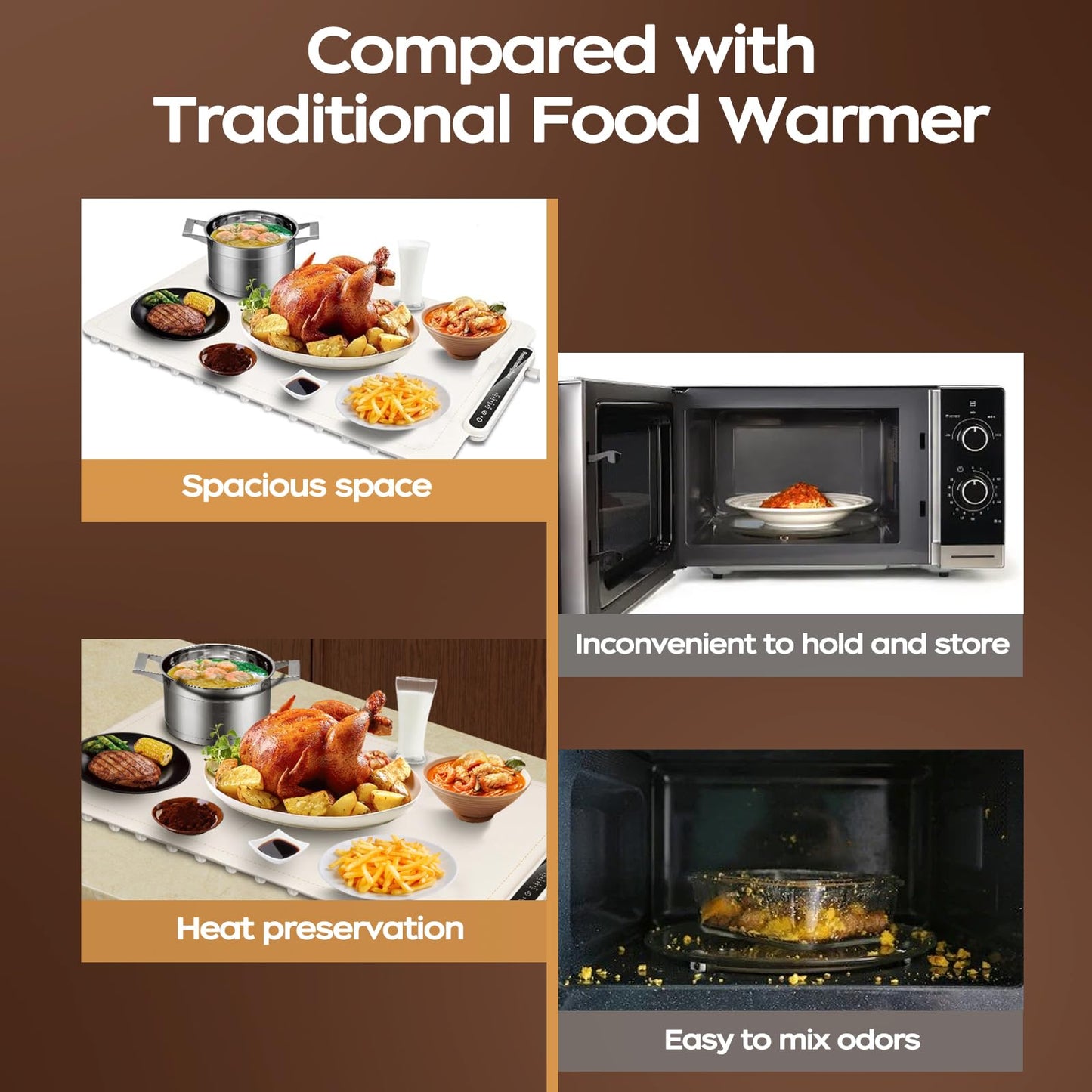 Qimh Food Warming Mat, Silicone Food Warmer for Parties Buffet, Full Surface Electric Warming Tray with 4 Temps & 10s Rapid Heating, Portable Food Heater for Gathering, Kitchen, Everyday Use (Beige)