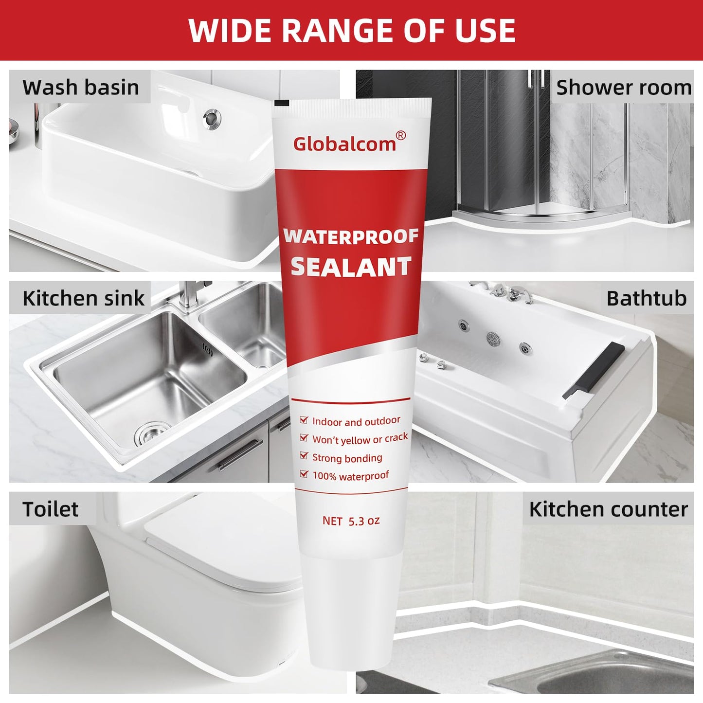 Globalcom Advanced Silicone Caulk for Kitchen & Bathroom Waterproof Silicone Sealant for Interior and Exterior Use, Stronger Adhesion Shrink & Crack Proof - 5.3 oz White