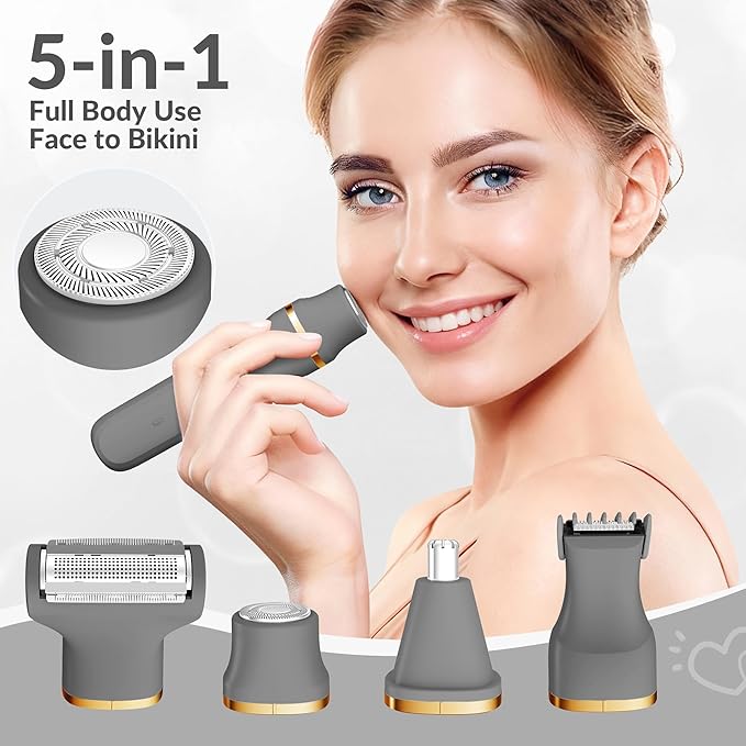 KINGTEE 5-in-1 Electric Bikini Trimmer for Women – IPX7 Waterproof Shaver, Cordless Body & Facial Razors for Women, Ceramic Blades, USB-C Rechargeable, Painless Hair Removal Kit (Light Black)