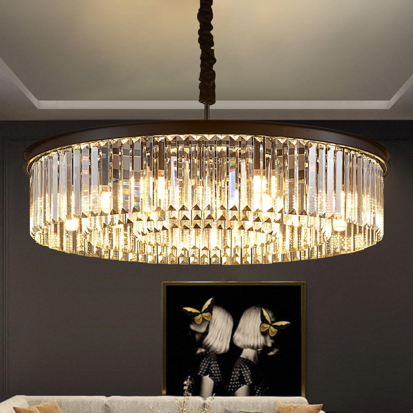 lighceac 31.5" 12-Light Modern Crystal Chandelier Light Fixtures 3 Rings Black Luxury Chandeliers for Living Room Glam Round Hanging Ceiling Pendant Lighting for Entryway Kitchen Bedroom Dining Room