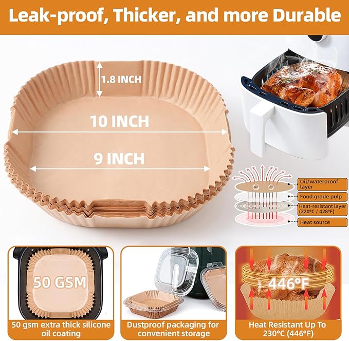 HONYAO Air Fryer Paper Liners 10 inch XXXL for 8-12 Qt Airfryer, 200pcs inch Square Thickened Disposable
