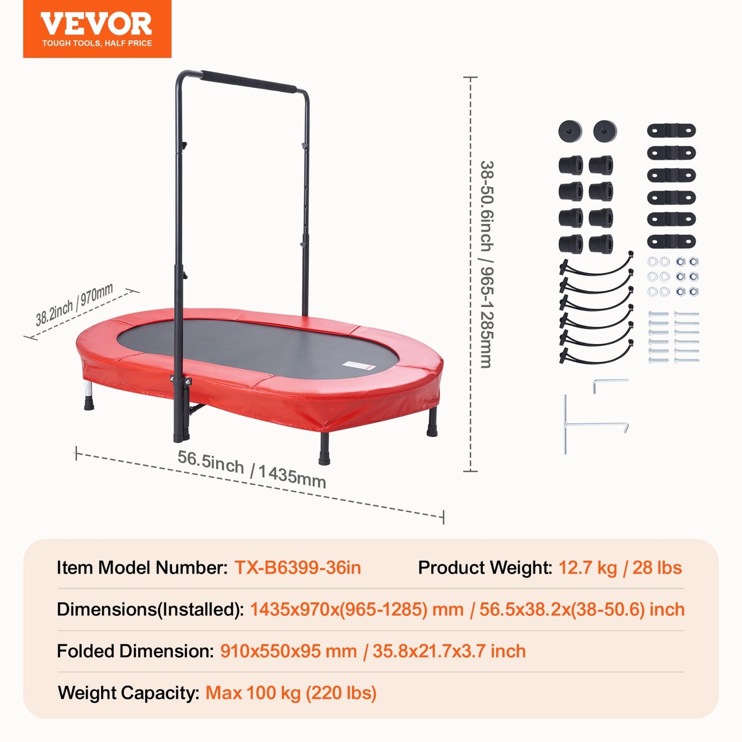 VEVOR Kids Trampoline, 56x36 inch Indoor Outdoor Trampoline, Foldable Mini Trampoline with Handle, Rebounder Trampoline for Toddlers, Birthday Gift for 3+ Years Children, Boys Girls for Fun, Red