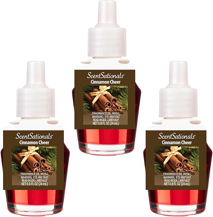 Scentsationals Fragrance Oil Plug in Air Freshener Refills 3-Pack - Cinnamon Cheer - Works with Scentsationals Wall Plugs, Long-Lasting Home Fragrance, 0.8 fl oz Each, Packaging May Vary
