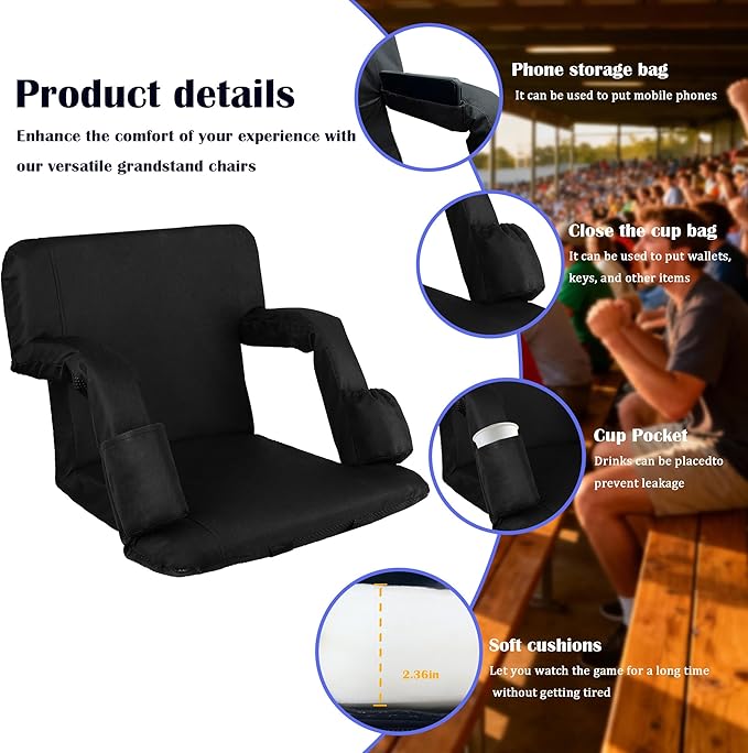 Anmiro Stadium Seats with Back Support Bleacher Chairs with Back and Extra Wide Cushion Thick Padded Bleacher Portable Reclining Seats for Football, Baseball and Basketball (Black, Medium)