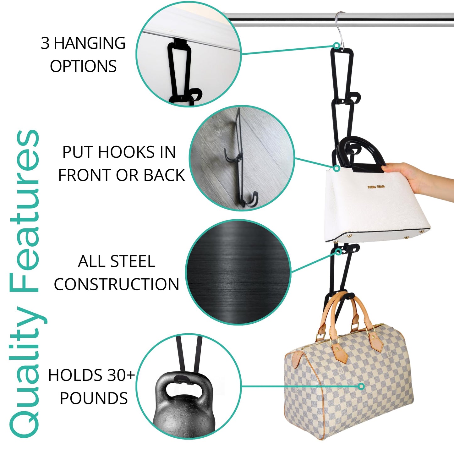 TERRA HOME Purse Hanger Closet Organizer Improved Design Bag Chain Hooks for Wall - Compact, Efficient Storage Solution for Bags, Purses, More as Over The Door, in Your Closett or Wall Mount