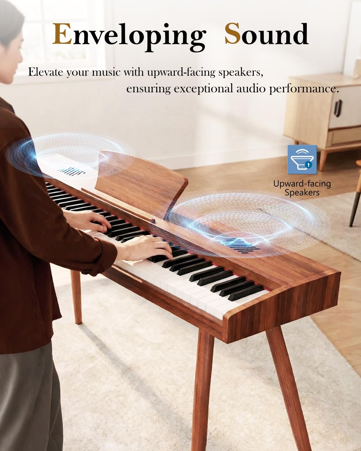 Longeye Digital Piano 88 Keys Wood Piano Keyboard Semi Weighted Electric Piano for Beginners and Professionals with Triple Pedal, Headphone, Music Rest Support MIDI Connection MOOD Walnut