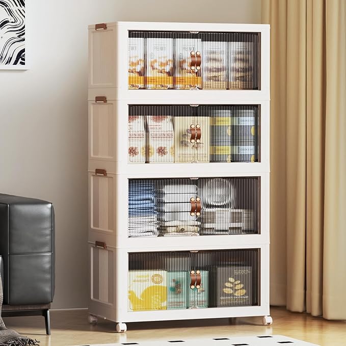 SAILUN 127Gal/508Qt Stackable Storage Bins Folding Collapsible Storage Bins with Lid, Closet Organizers and Storage Box with Door Beige 28" W x 17" D x 61" H