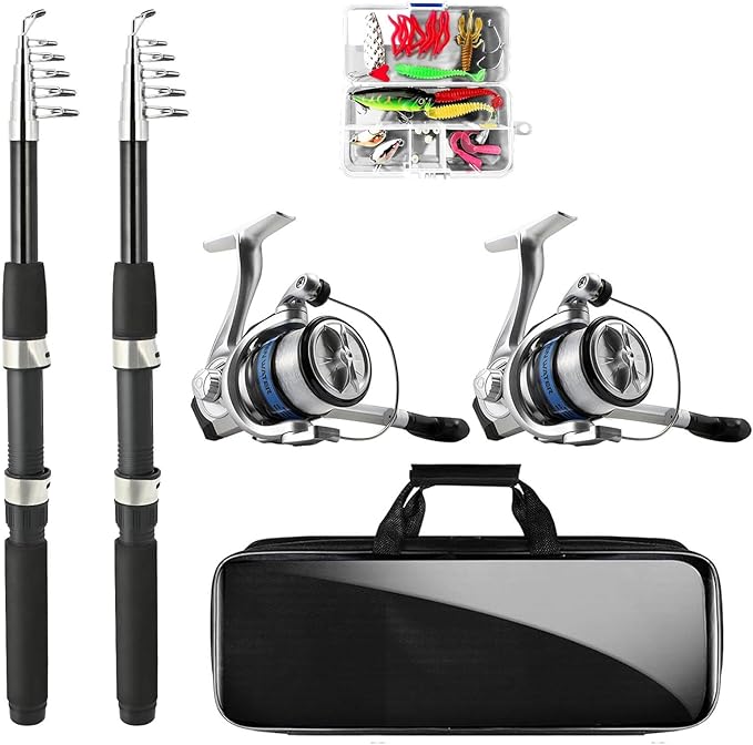 Telescopic Fishing Rod and Reel Combo, 2PCS 5.9FT Collapsible Fishing Pole Set with Pre-Loaded Spinning Reel Lures and Car...