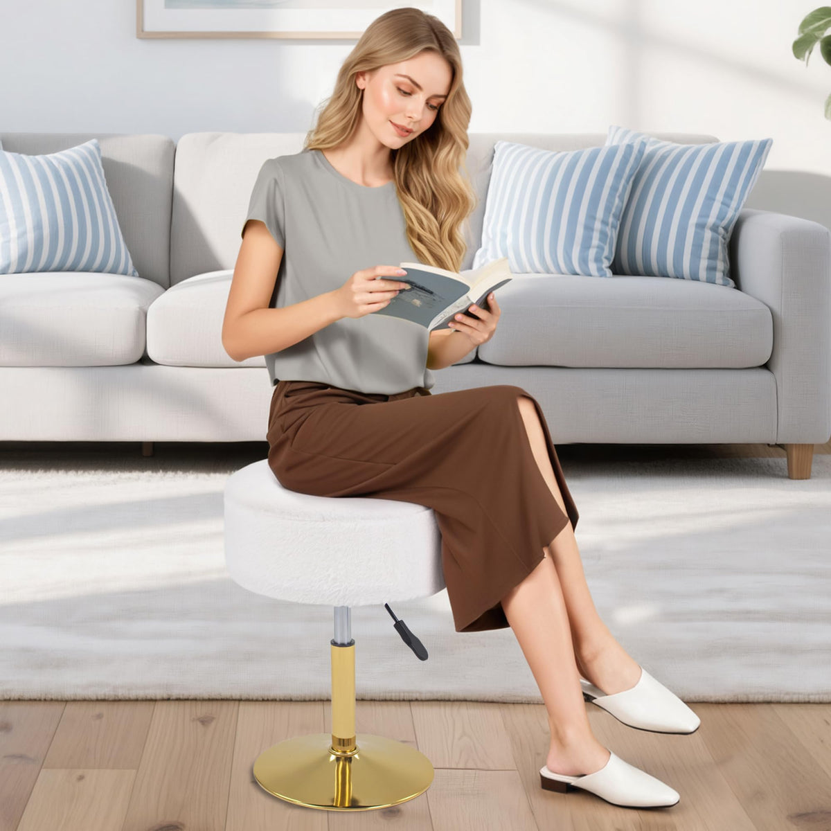 LITZFUR Adjustable Vanity Stool for Makeup Room, 360° Swivel Gold Vanity Chair, Faux Fur Round Storage Ottoman Footrest for Living Room Bedroom, White