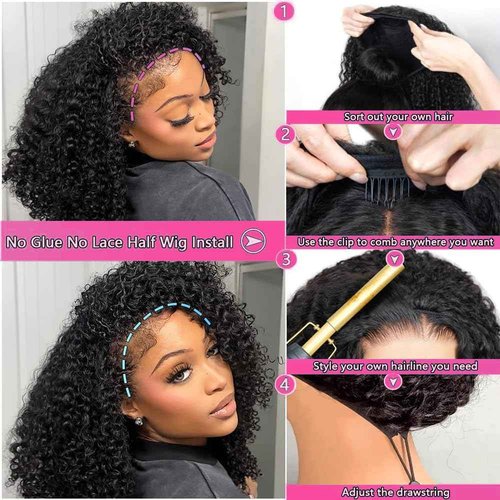 Larhali Kinky Curly Half Wig Human Hair 180% Density Wear And Go Glueless Wigs Human Hair 16 Inch Curly 3 In 1 Half Wigs for Women Drawstring Seamless Flip Headband Wig Beginner Friendly