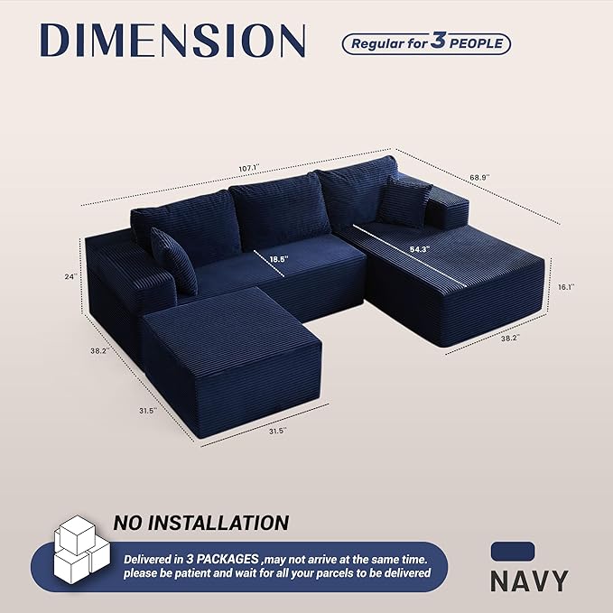 Afuson 107" Boneless Couch with Deep Seat, Modular Sectional Sofa, Cloud Sectional Couch for Living Room, No Assembly Required, Corduroy, U-Shape 3 Seater Right, Blue