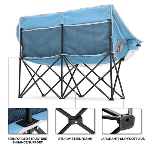 MoNiBloom Collapsible Double Camping Loveseat Chair Outdoor Beach Lawn Picnic Hiking Travel Portable Foldable Collapsible 2-Person Love Seat Camp Chair for Adults (Sky Blue and Light Gray)
