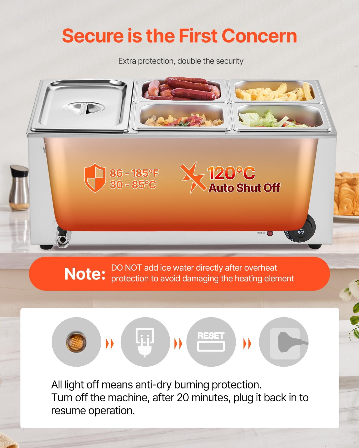 VEVOR 5-Pan Commercial Food Warmer, 24QT Electric Steam Table, 1200W Professional Countertop Stainless Steel Buffet Bain Marie with 86-185°F Temp Control for Catering and Restaurants, Silver