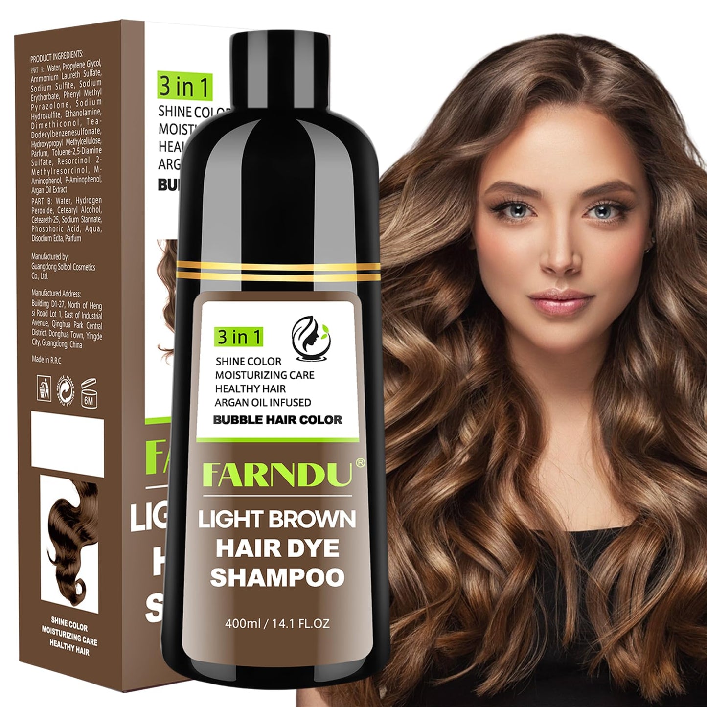 FARNDU Light Brown Hair Dye Shampoo 3 in 1 with Argan Oil - 10-15 Min Gray Coverage, Natural Instant Hair Color Shampoo for Wome